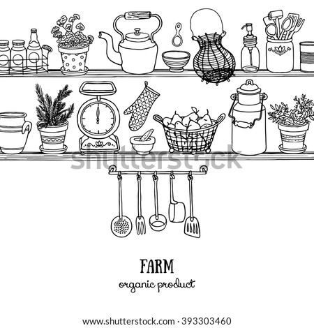 Rustic kitchen sketchy banner. Side view kitchen shelves with food and dishes for design. Black and white doodle background