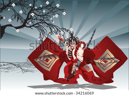 Illustration of a kabuki samurai artist, under cherry blossom tree