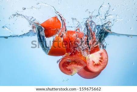 tomato splash deeply into the water