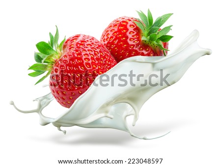 Two strawberries falling into milk. Splash isolated on white background
