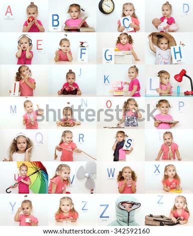 English Alphabet set with photos of the child with different objects and emotions. Each object indicates one letter of English alphabet. ABC Education Concept