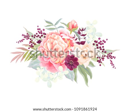 Beautiful holiday bouquet with flowers peony, rose, dahlia and hydrangea, leaves and branches. Vector floral illustration in vintage style on white background.