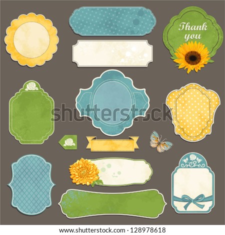 Collection Of Vintage Labels With Flowers, Butterfly And Bows With An Empty Seat For Your Text.