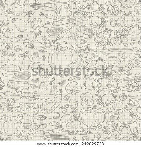 Seamless background of vegetables and spices, vector hand-drawn illustration in vintage style.