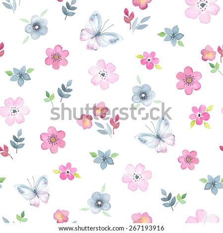 Seamless floral pattern with watercolor flowers and butterflies in vintage style.