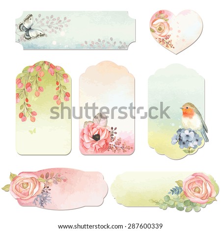 Collection holidays labels with watercolor design elements, butterfly, bird Robin and flowers, vector illustration in vintage style.