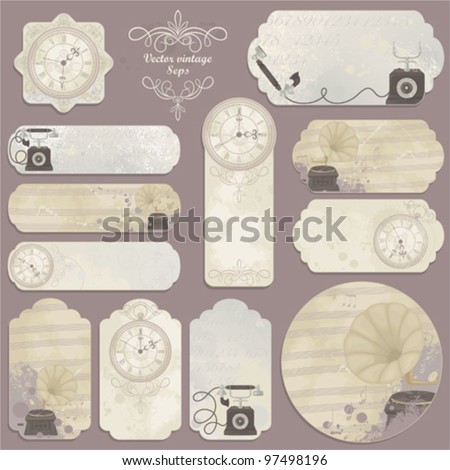 Retro set of cards with hours, telephone and gramophone