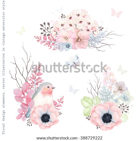 Collection vector decorative design of flowers, Robin bird and leaves in vintage style with butterflies.