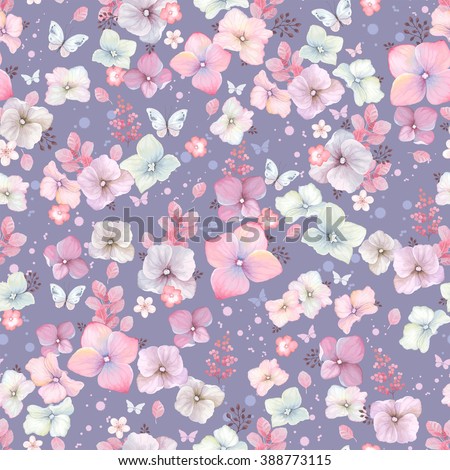 Rustic seamless pattern with flowers Hydrangea and butterflies, vector illustration in vintage style.