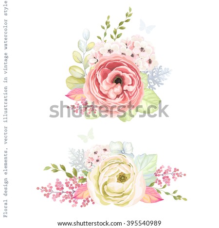 Decorative holiday ornaments of flowers ranunculus, leaves and branches, floral vector illustration in vintage watercolor style with silhouette butterflies.