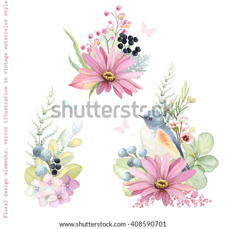 Collection vector decorative design of flowers, plants, Red-flanked Bluetail bird, branches and leaves in vintage style with butterflies.