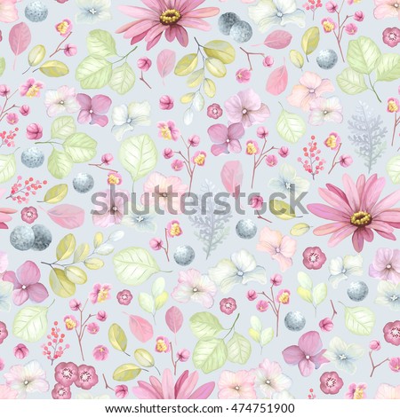 Rustic floral pattern with flowers, inflorescence hydrangea, leaves and branches. Vector illustration in vintage style on gray-blue background.