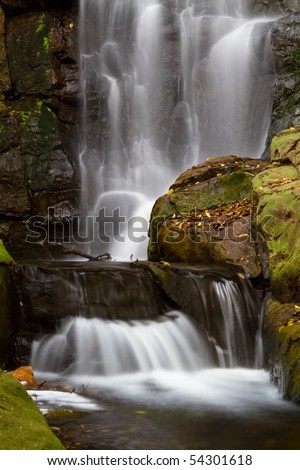 A rocky waterfall photographed with a slow shutter speed creating soft flowing water