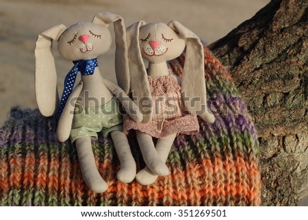 Textile handmade doll toy couple bunnies in love
