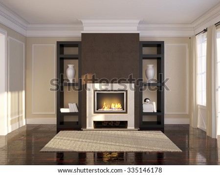 3D illustration of vintage living-room interior with fireplace and carpet