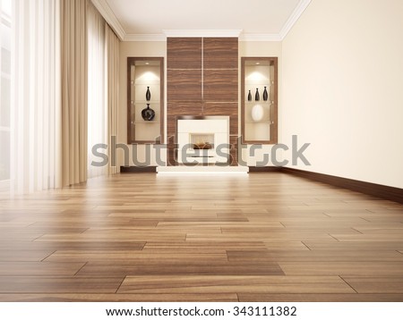3d illustration of comfortable contemporary living room with fireplace. Low angle view