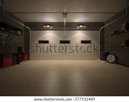 3D illustration of night garage interior