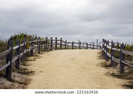 Sand path to beach bordered by wooden fence and dune shrubs.