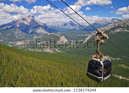 Sulphur Mountain Gondola cable car in Banff National Park in the Canadian Rocky Mountains overlooking the town of Banff. The mountain with the hot springs. Perfect image for travel and tourism.