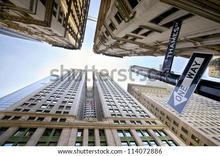 Looking Up At Broadway\'S Skyscrapers In Lower Manhattan, New York City