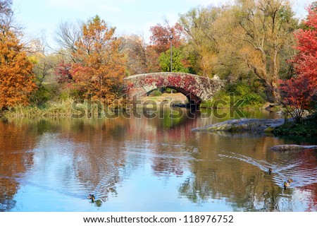 Central Park in autumn with footbridge over The Pond, New York City