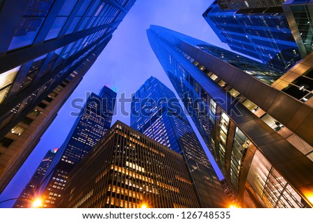 Looking Up At Chicago\'S Skyscrapers In Financial District At Dusk, Il, Usa