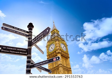 Big Ben with street signs in London United Kingdom Big Ben with street signs in London United Kingdom