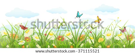 Spring summer banner with green grass, flowers and butterflies