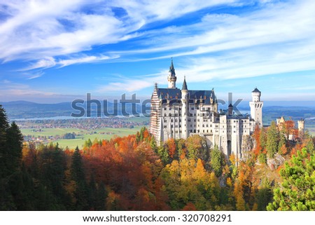 Beautiful view of the Neuschwanstein castle in autumn \
\
Neuschwanstein is a palace in Bavaria, Germany. Today Neuschwanstein is one of the most popular of all the palaces and castles in Europe.