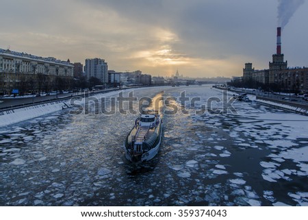 sunset on the moscow river in winter time