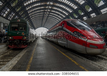 MILAN, ITALY - OCTOBER 26, 2015: High-speed train Frecciarossa 1000 on the railway station of Milan