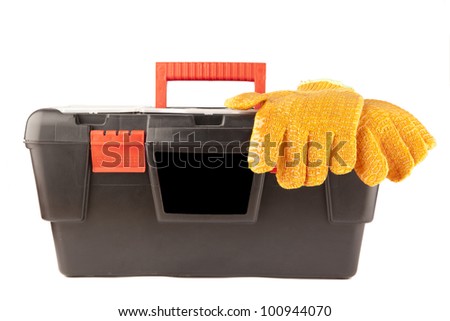 box for instruments. The isolated white background Gloves and toolbox isolated on white