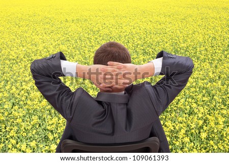 Businessman back sitting on chair in yellow field cast into with hands behind his head resting