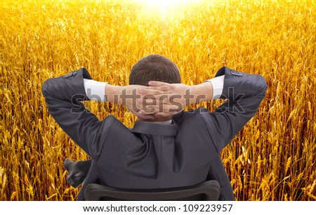 businessman sitting in a chair with his back was cast for the head in his hands in the sunset wheat field