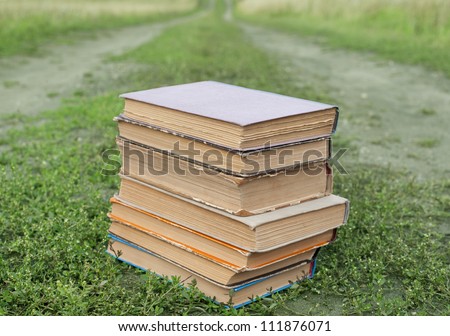 closed many  books with landscape on road in field  - lying on green grass   books and knowledge - the road to a happy and secure future