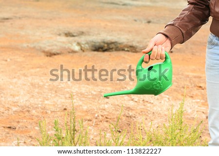 Female hand holding a water can and watering the flowers