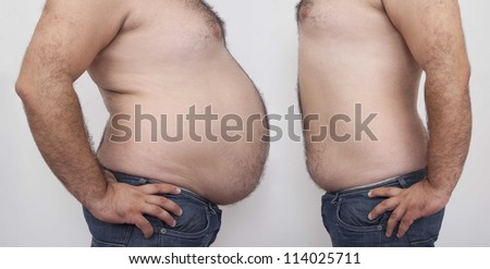 Fat and slim man opposite each other on gray  background - before and after diet