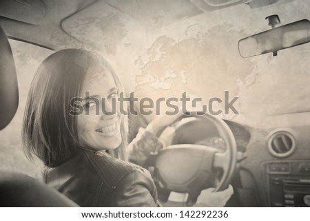 Portrait of beautiful young latin hispanic woman in the new car - indoor Old grunge vintage filter  Space for inscription