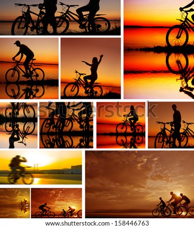 collage of cyclists on the sun set sky by the ocean background with reflection