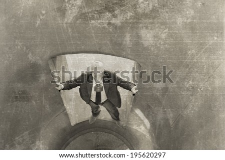 Well-dressed Full length Businessman With Gas Mask, standing in door Retro style on old crakced wall background