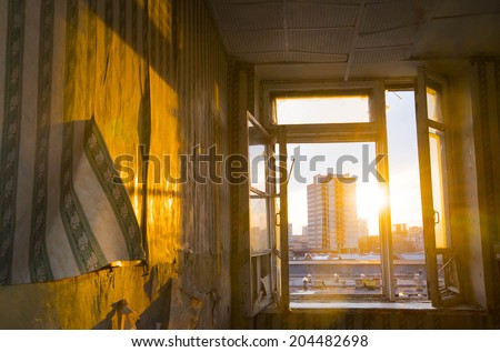 inside home old retro  wooden window on new highrise building home and sunset sky background Textured copy space for inscription inside abandoned room