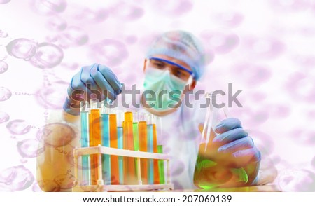 Portrait of Man in Protective Suit Picking Drop with Pipette Chemister holding glass with orange water on futuristic colorful molecule background
