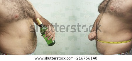 Alcohol abuse Two fat man with full luxury green glass bottle beer and with centimeter round belly on textured green wall with wallpaper Empty copy space for inscription