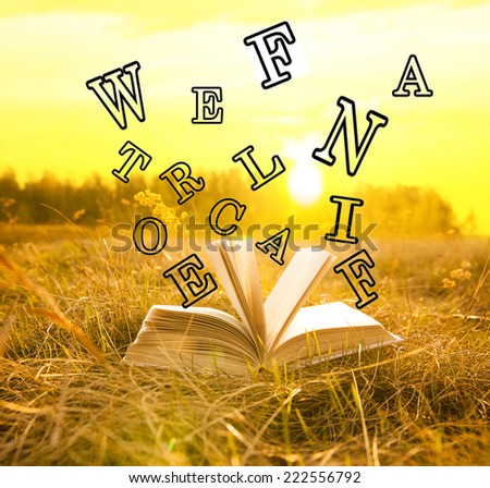 Open Magic big children book with flying black letters in green and yellow grass over sunset cloudy sky with sun light background. Idea of kids learning to read by syllables Space for inscription
