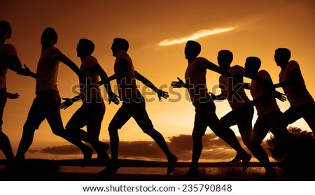Background of Same man movement Phases Group of people silhouette on jetty over sunset and dramatic yellow orange sky with clouds against water texture and mountain background Sport lifestyle