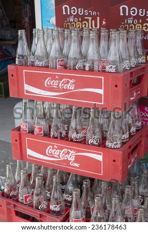 PHUKET,THAILAND - NOVEMBER25, 2014: Empty bottles of Coca Cola in red plastic box. Based on Interbrands best global brand study of 2011, Coca-Cola was the worlds most valuable brand.