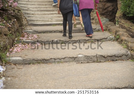 persons legs in stairs, summer spring Girl help support grandmother going up to stairs Senior woman based on red umbrella between stone mountains with spring flower lie on way