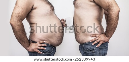 Fat hold empty beer mug and slim man opposite each other on gray background - before and after diet idea concept unhealthy food and alcohol drink Naked hairy belly Dramatic light skin texture