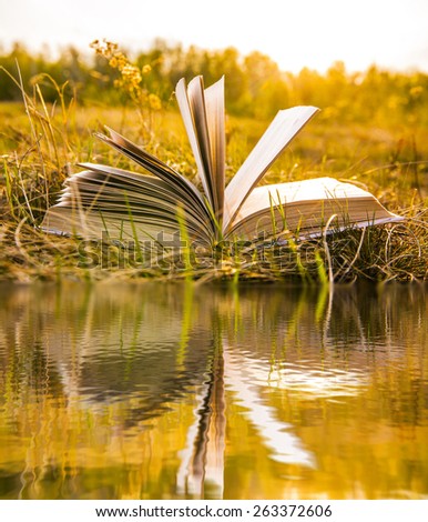 Background of open texture page book with horizon on sunset lie in autumn fall field on dry yellow green fresh grass on sun set sky and spring forest backdrop Idea of education Reflection on water