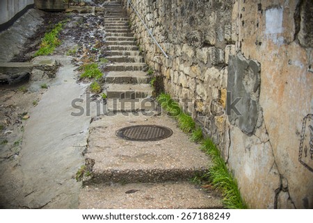 background of Stairway streams of dirty rainy water with urban trash on stair Urban scene Flow along old retro vintage aged used urban brick wall backdrop with fresh spring green grass